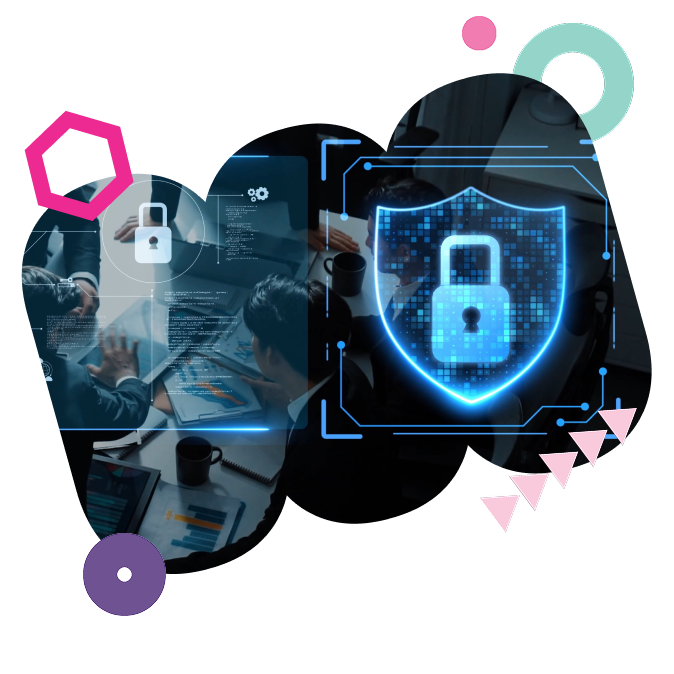 An abstract image of a blue cybernetic padlock overlaid onto an image of people working at a desk representing a cybersecurity team